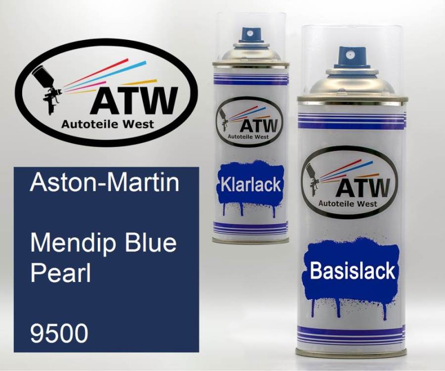 Aston-Martin, Mendip Blue Pearl, 9500: 400ml Sprühdose + 400ml Klarlack - Set, von ATW Autoteile West.